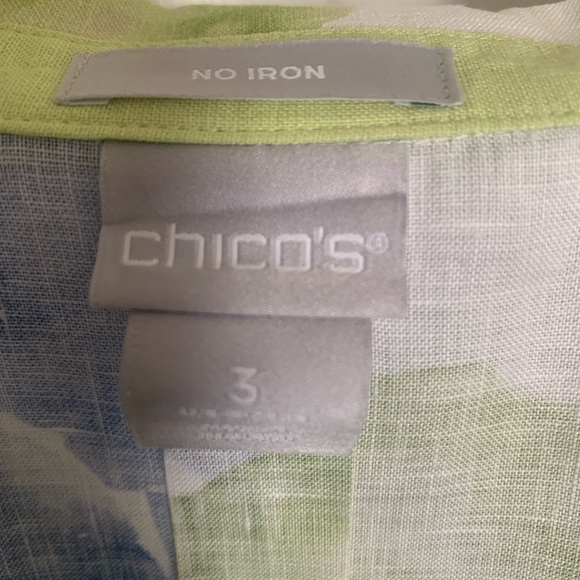 Chicos Size 3 Blouse With Watercolor Print of Blue/Green/White Irises 3/4 Sleeve - Picture 7 of 8